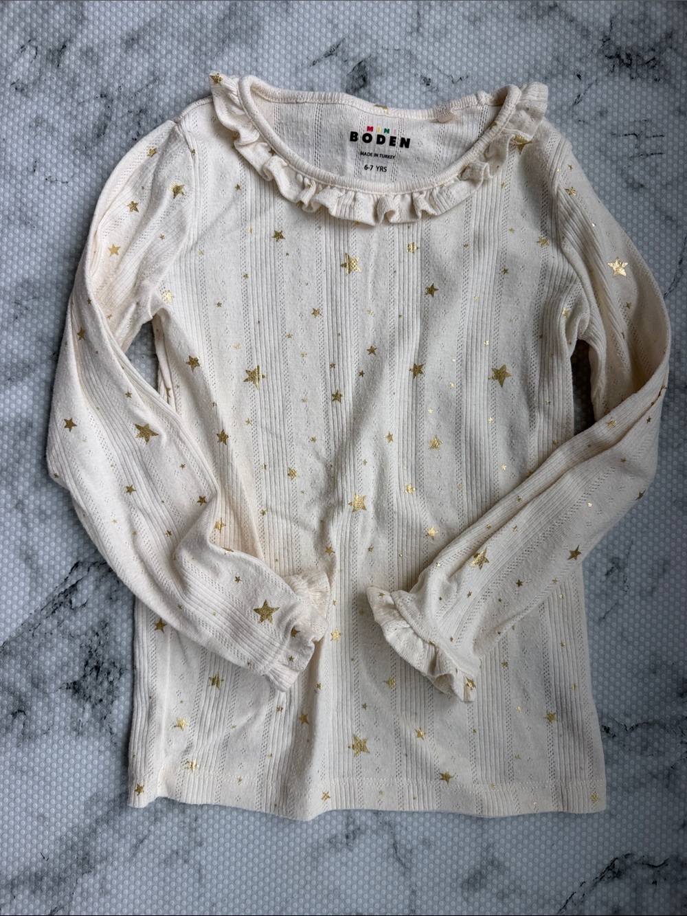 Boden Long-Sleeved Top with Gold Stars and Ruffle Neck